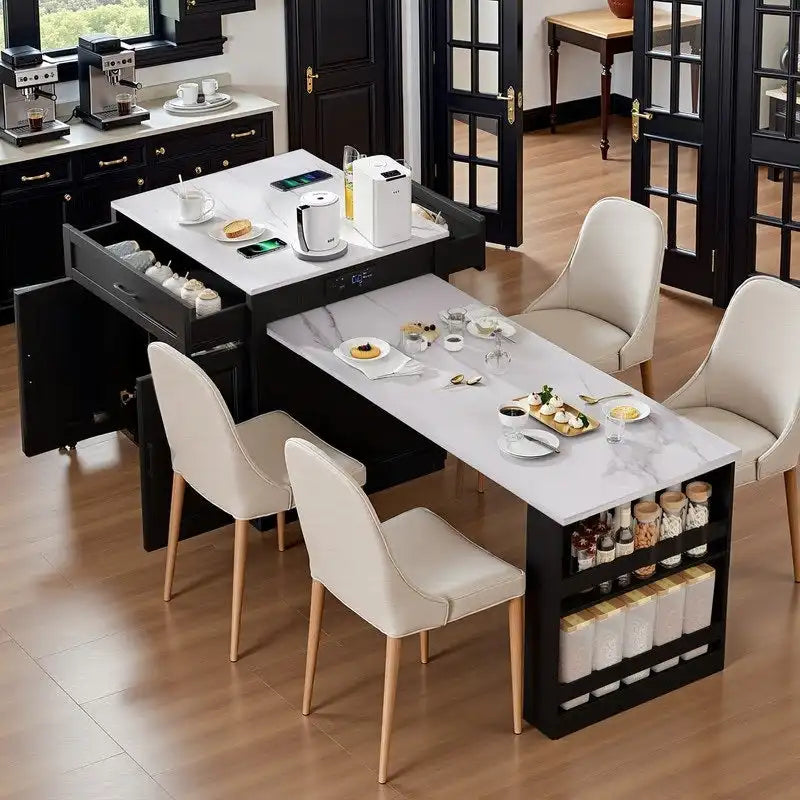 Îlot de cuisine avec table à manger extensible – 2 à 6 places, chargement USB, plateau aspect marbre