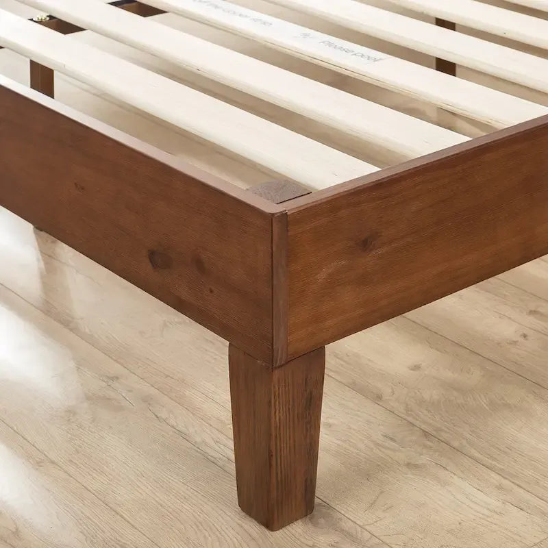 Lit plateforme en pin massif teinté espresso - Tête de lit à lattes, sommier tapissier non requis
