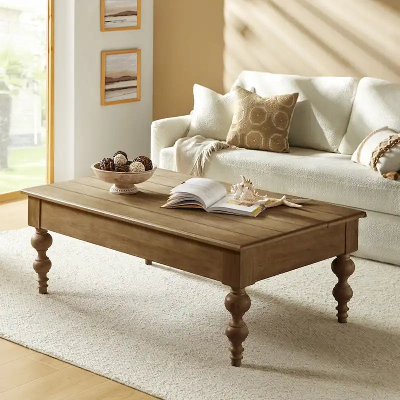 Table basse relevable traditionnelle avec étagère de rangement – Bois d'hévéa massif, pieds tournés, finition rustique