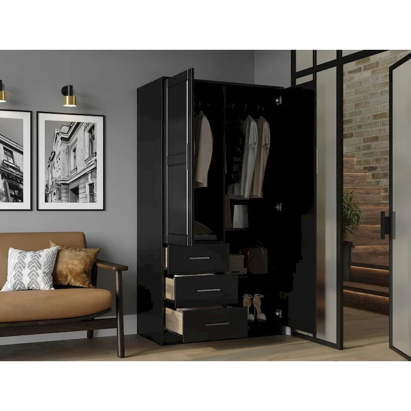 Armoire-penderie 100 % en bois massif style métro – Portes en bois massif ou portes miroirs, plusieurs finitions.