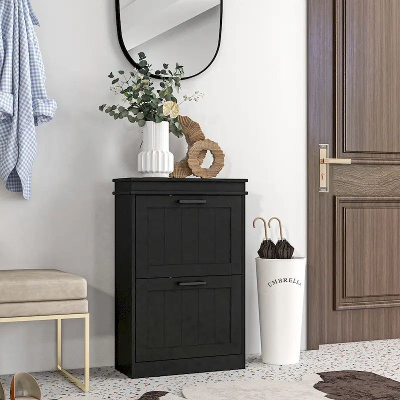 Meuble à chaussures pour entrée, étagère à chaussures étroite de rangement avec 2 tiroirs à abattant et étagères réglables