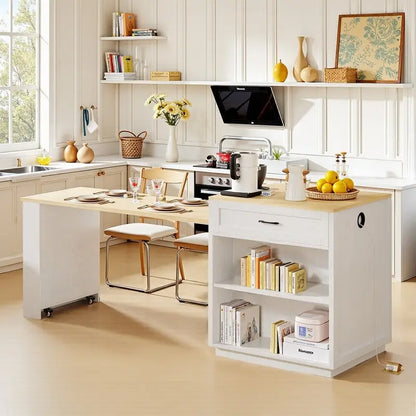 Îlot de cuisine avec table à manger extensible – 2 à 6 places, chargement USB, plateau aspect marbre
