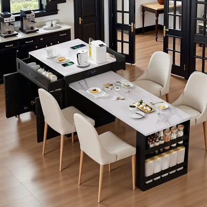 Îlot de cuisine avec table à manger extensible – 2 à 6 places, chargement USB, plateau aspect marbre