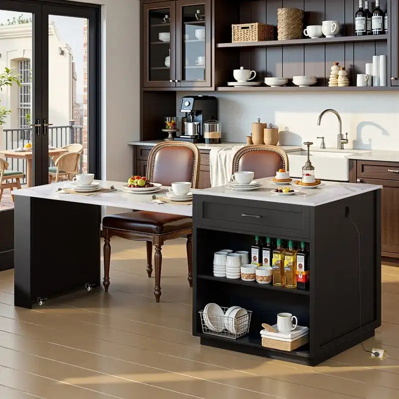 Îlot de cuisine avec table à manger extensible – 2 à 6 places, chargement USB, plateau aspect marbre