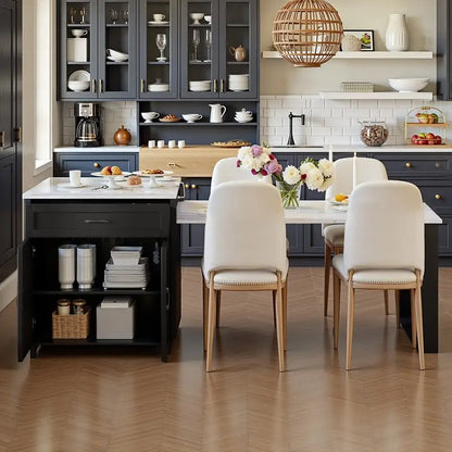 Îlot de cuisine avec table à manger extensible – 2 à 6 places, chargement USB, plateau aspect marbre