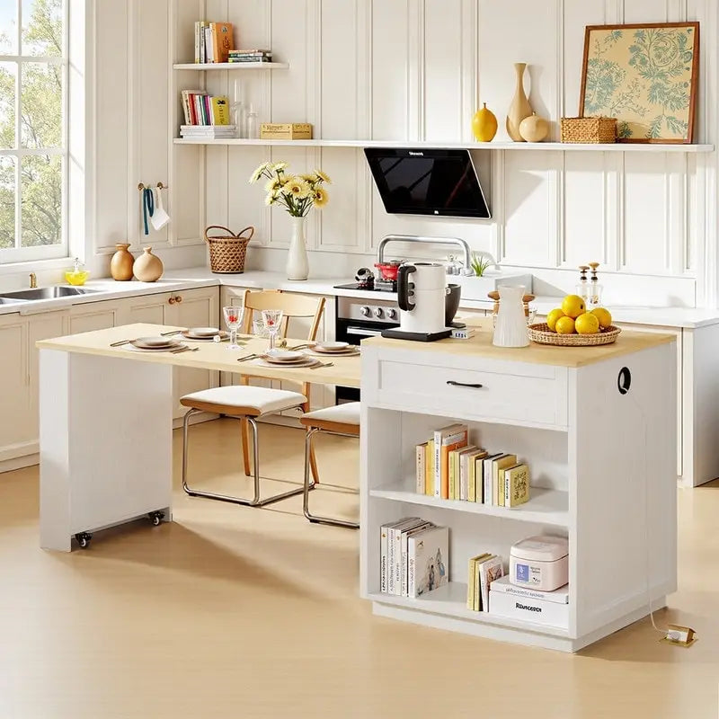 Îlot de cuisine avec table à manger extensible – 2 à 6 places, chargement USB, plateau aspect marbre