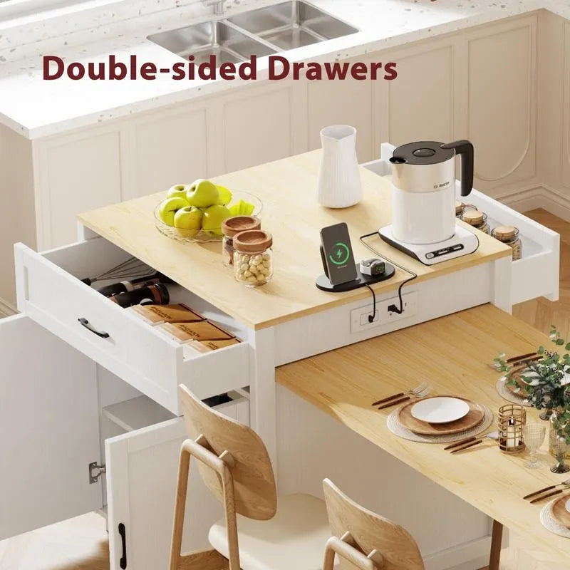 Îlot de cuisine avec table à manger extensible – 2 à 6 places, chargement USB, plateau aspect marbre