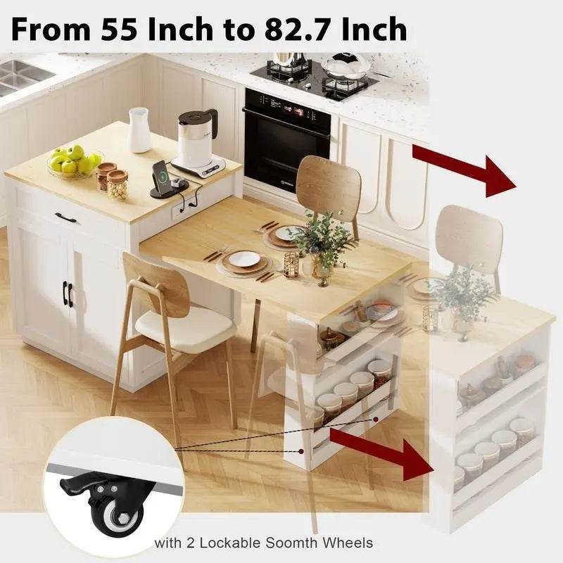 Îlot de cuisine avec table à manger extensible – 2 à 6 places, chargement USB, plateau aspect marbre