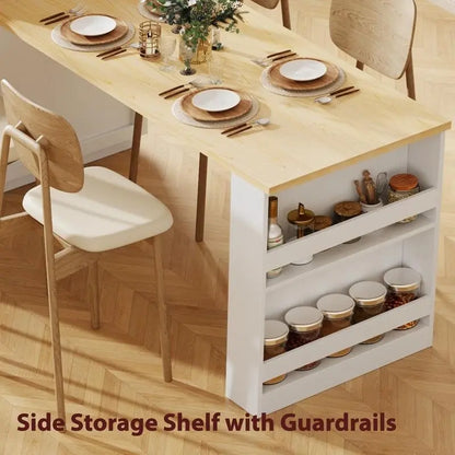 Îlot de cuisine avec table à manger extensible – 2 à 6 places, chargement USB, plateau aspect marbre