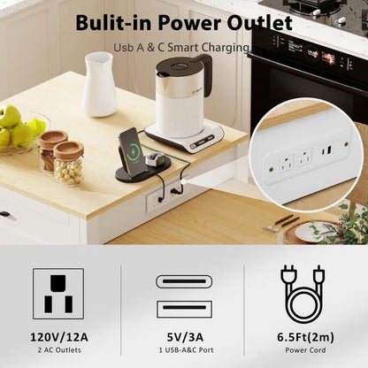 Îlot de cuisine avec table à manger extensible – 2 à 6 places, chargement USB, plateau aspect marbre