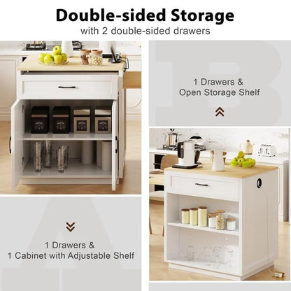 Îlot de cuisine avec table à manger extensible – 2 à 6 places, chargement USB, plateau aspect marbre