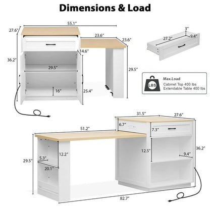 Îlot de cuisine avec table à manger extensible – 2 à 6 places, chargement USB, plateau aspect marbre