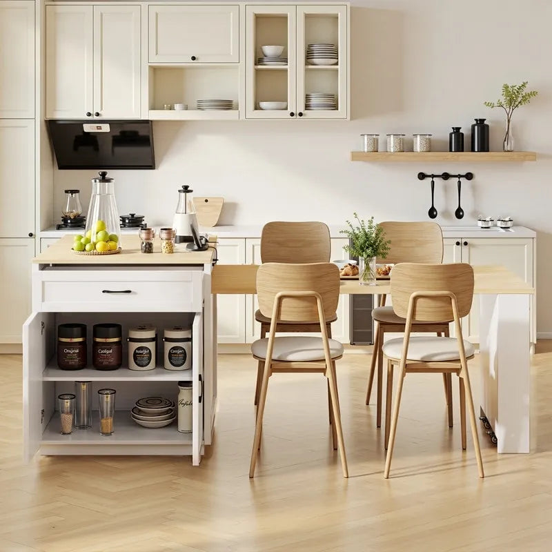 Îlot de cuisine avec table à manger extensible – 2 à 6 places, chargement USB, plateau aspect marbre