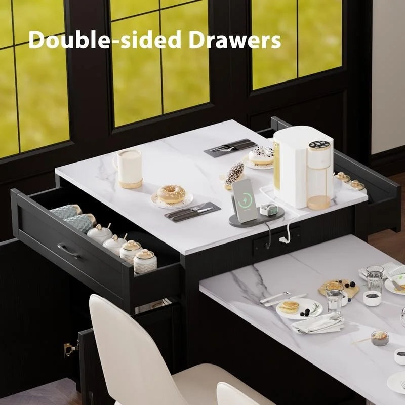Îlot de cuisine avec table à manger extensible – 2 à 6 places, chargement USB, plateau aspect marbre