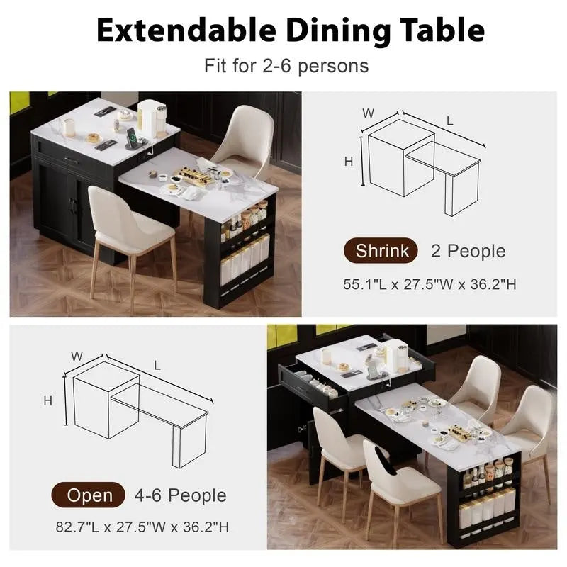 Îlot de cuisine avec table à manger extensible – 2 à 6 places, chargement USB, plateau aspect marbre