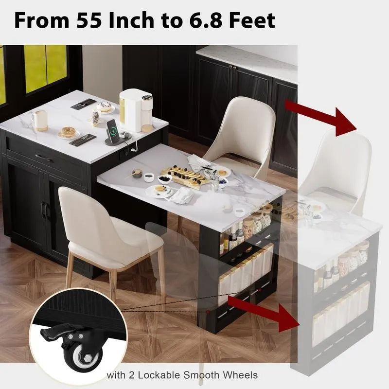 Îlot de cuisine avec table à manger extensible – 2 à 6 places, chargement USB, plateau aspect marbre