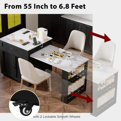 Îlot de cuisine avec table à manger extensible – 2 à 6 places, chargement USB, plateau aspect marbre