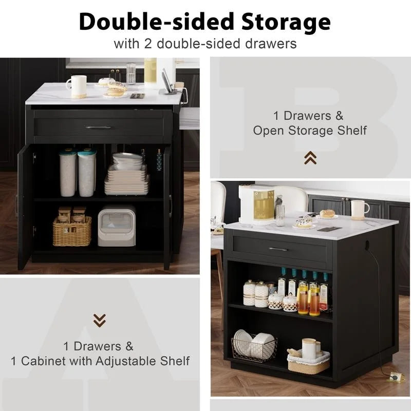 Îlot de cuisine avec table à manger extensible – 2 à 6 places, chargement USB, plateau aspect marbre