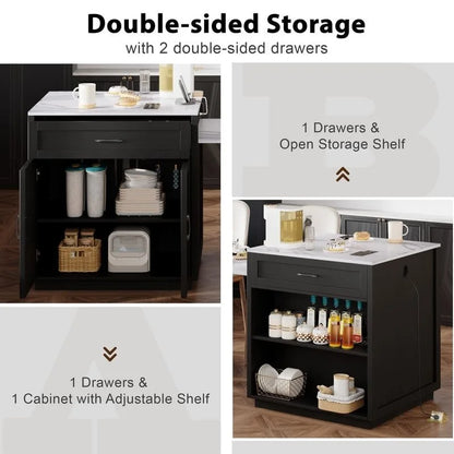 Îlot de cuisine avec table à manger extensible – 2 à 6 places, chargement USB, plateau aspect marbre