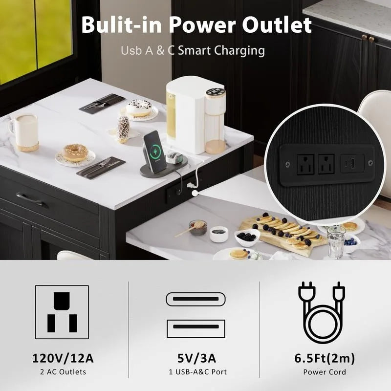 Îlot de cuisine avec table à manger extensible – 2 à 6 places, chargement USB, plateau aspect marbre