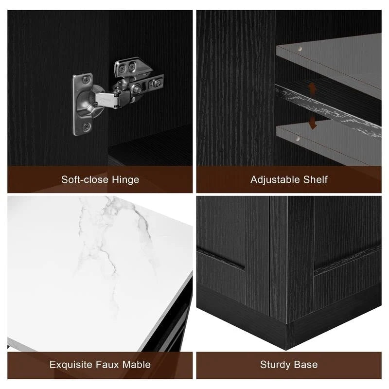 Îlot de cuisine avec table à manger extensible – 2 à 6 places, chargement USB, plateau aspect marbre