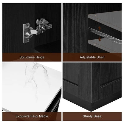 Îlot de cuisine avec table à manger extensible – 2 à 6 places, chargement USB, plateau aspect marbre