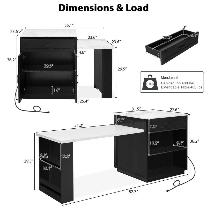 Îlot de cuisine avec table à manger extensible – 2 à 6 places, chargement USB, plateau aspect marbre