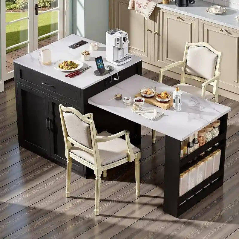 Îlot de cuisine avec table à manger extensible – 2 à 6 places, chargement USB, plateau aspect marbre