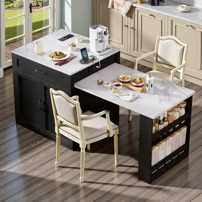 Îlot de cuisine avec table à manger extensible – 2 à 6 places, chargement USB, plateau aspect marbre