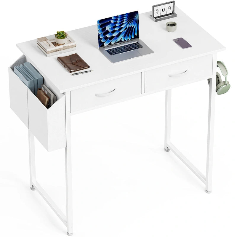 Bureau d'écriture moderne avec 2 tiroirs intégrés et support pour casque pour les petits bureaux à domicile et les chambres à coucher