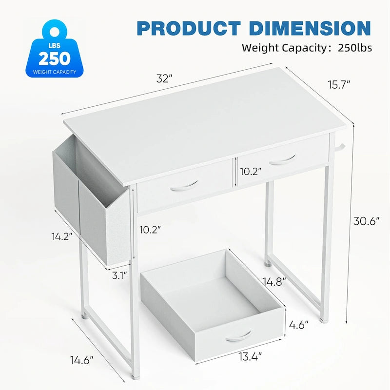 Bureau d'écriture moderne avec 2 tiroirs intégrés et support pour casque pour les petits bureaux à domicile et les chambres à coucher