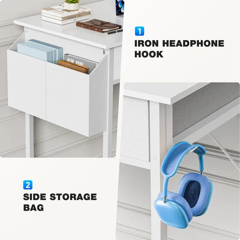 Bureau d'écriture moderne avec 2 tiroirs intégrés et support pour casque pour les petits bureaux à domicile et les chambres à coucher