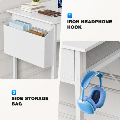 Bureau d'écriture moderne avec 2 tiroirs intégrés et support pour casque pour les petits bureaux à domicile et les chambres à coucher