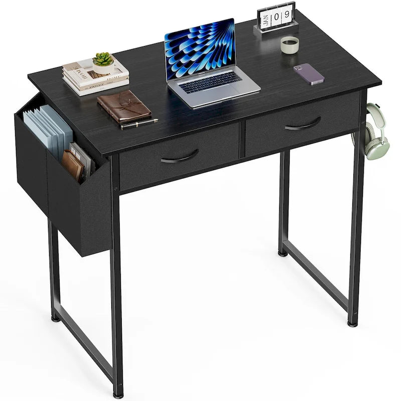 Bureau d'écriture moderne avec 2 tiroirs intégrés et support pour casque pour les petits bureaux à domicile et les chambres à coucher
