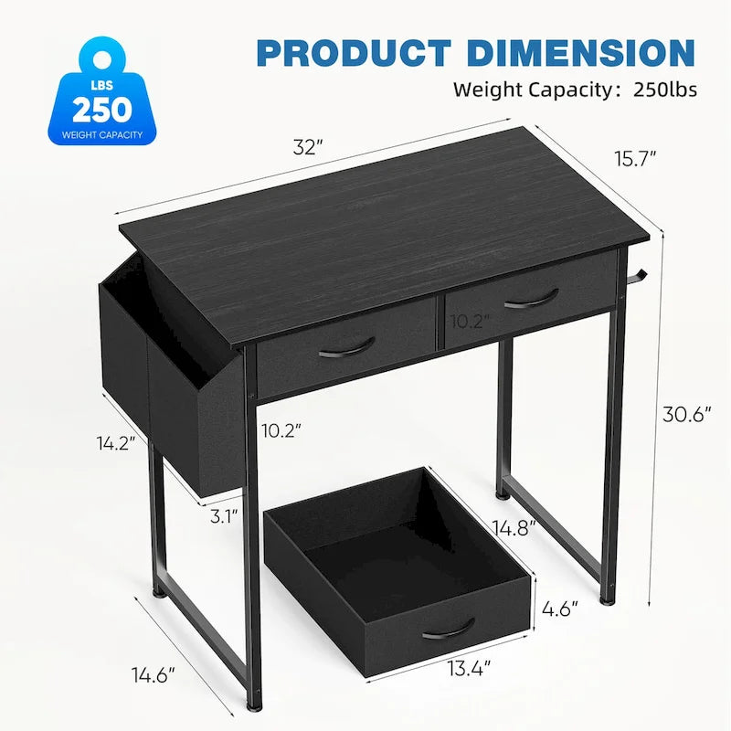 Bureau d'écriture moderne avec 2 tiroirs intégrés et support pour casque pour les petits bureaux à domicile et les chambres à coucher