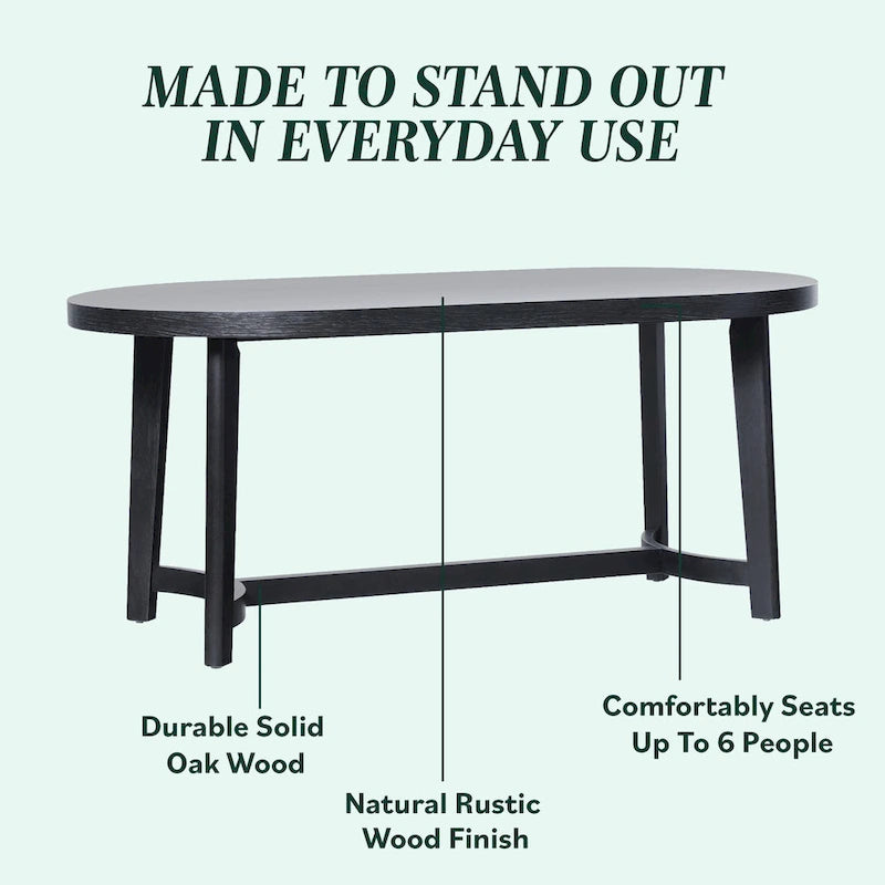 Table à manger ovale moderne rustique de 70 po – placage de chêne, pieds inclinés, 6 places, capacité de 300 lb