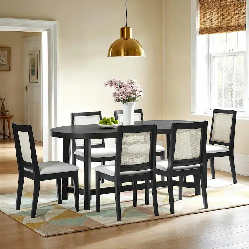 Table à manger ovale moderne rustique de 70 po – placage de chêne, pieds inclinés, 6 places, capacité de 300 lb