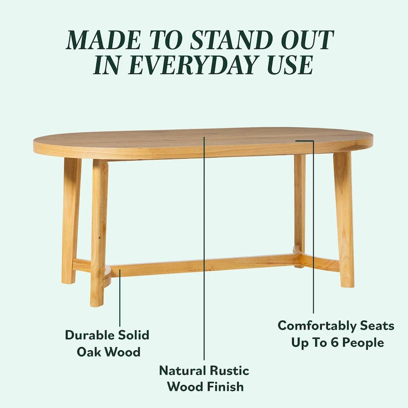 Table à manger ovale moderne rustique de 70 po – placage de chêne, pieds inclinés, 6 places, capacité de 300 lb