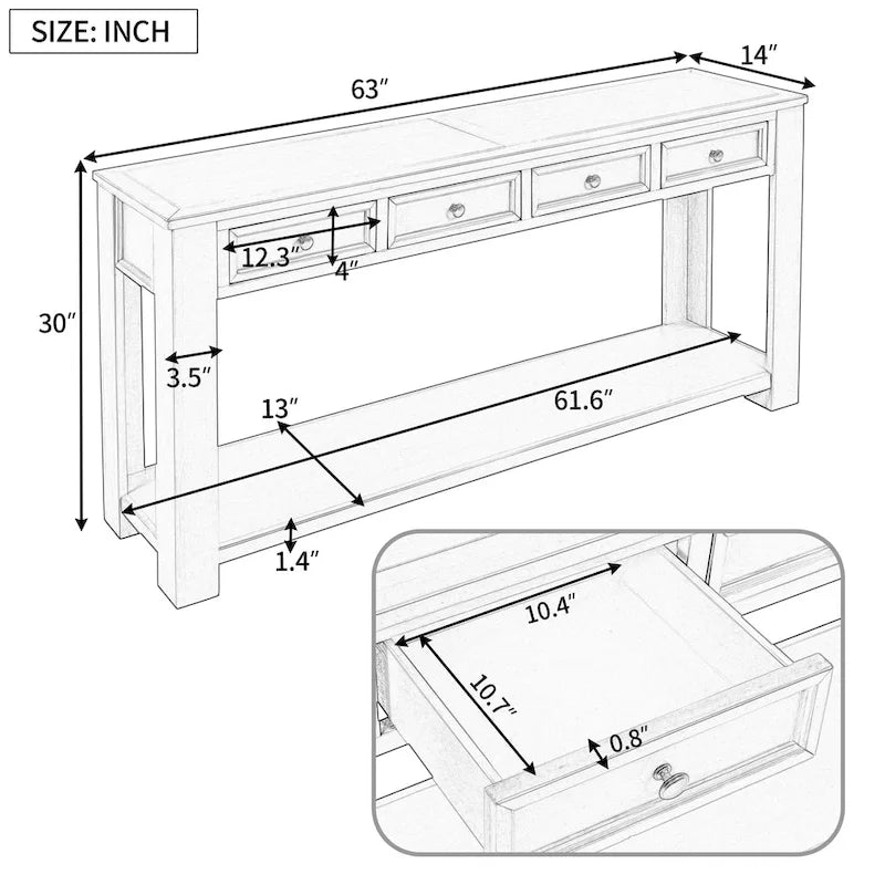 Console Table de Canapé 4 Tiroirs pour Entrée Couloir - 14.00 x 63.00 x 30.00