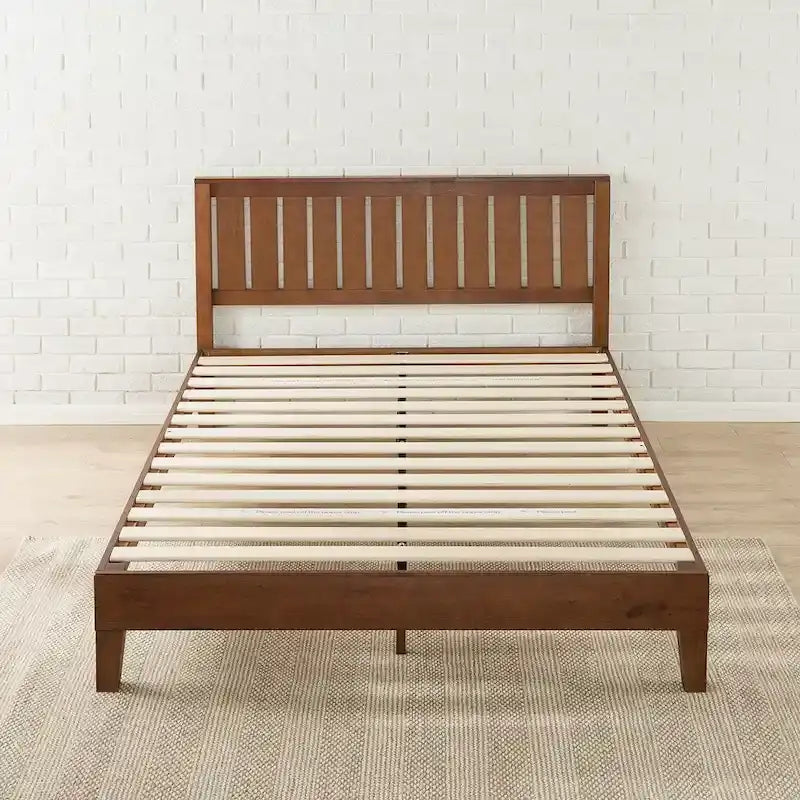 Lit plateforme en pin massif teinté espresso - Tête de lit à lattes, sommier tapissier non requis