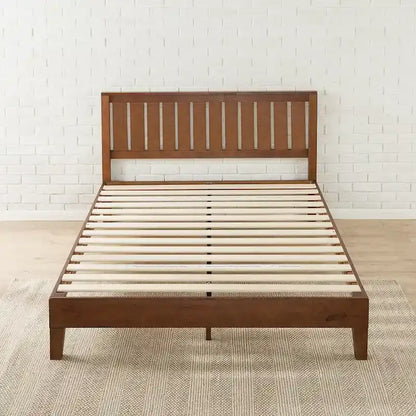 Lit plateforme en pin massif teinté espresso - Tête de lit à lattes, sommier tapissier non requis