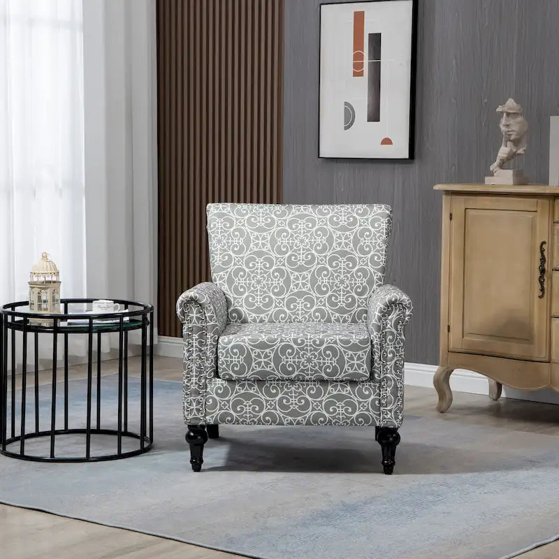 Fauteuil d'appoint moderne du milieu du siècle, Fauteuil en lin avec dossier capitonné/Pieds en bois