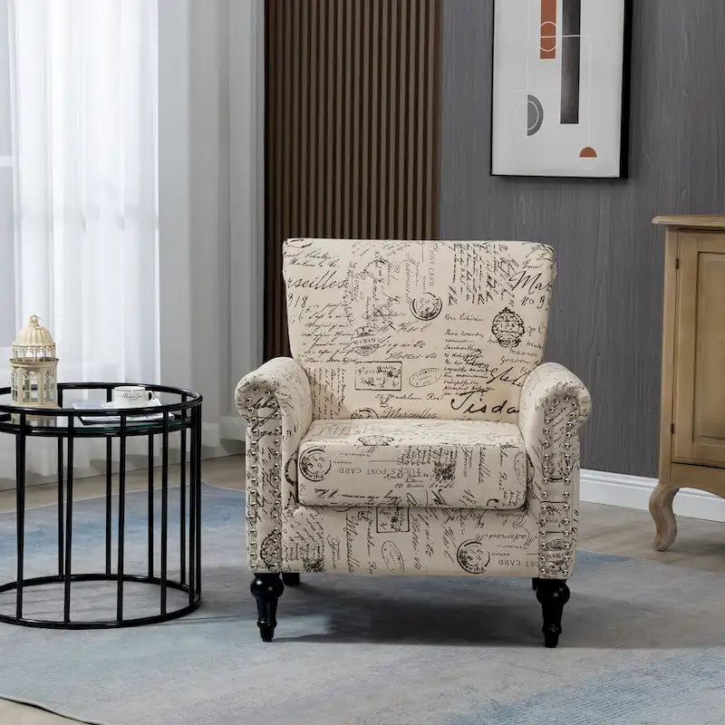 Fauteuil d'appoint moderne du milieu du siècle, Fauteuil en lin avec dossier capitonné/Pieds en bois