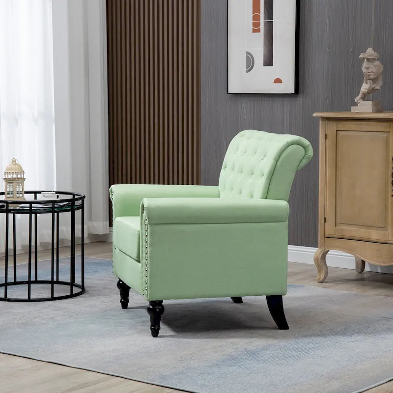 Fauteuil d'appoint moderne du milieu du siècle, Fauteuil en lin avec dossier capitonné/Pieds en bois