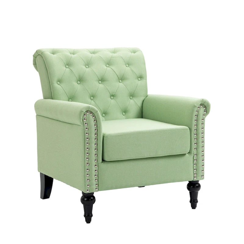 Fauteuil d'appoint moderne du milieu du siècle, Fauteuil en lin avec dossier capitonné/Pieds en bois