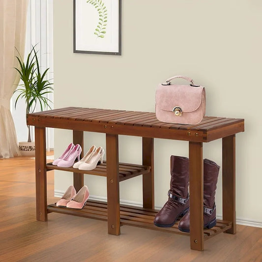 Banco de entrada de madera de acacia de 3 niveles con almacenamiento para zapatos – Certificado FSC