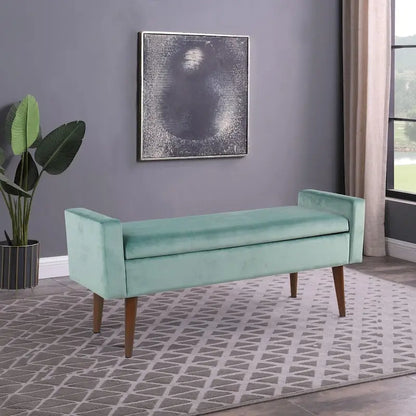 Banc de rangement en velours du milieu du siècle – Aqua clair, 122 cm