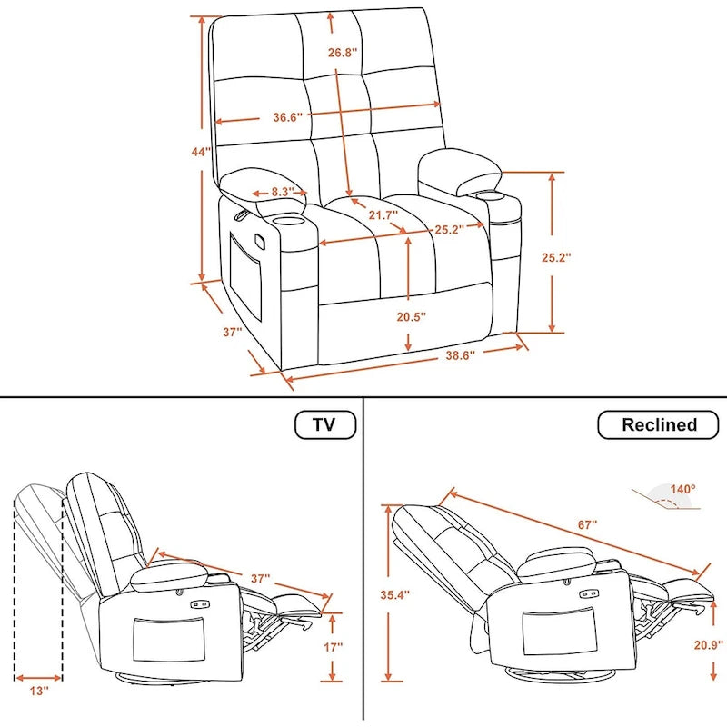 Grand fauteuil inclinable, pivotant, berçant et coulissant avec massage et chaleur – Similicuir