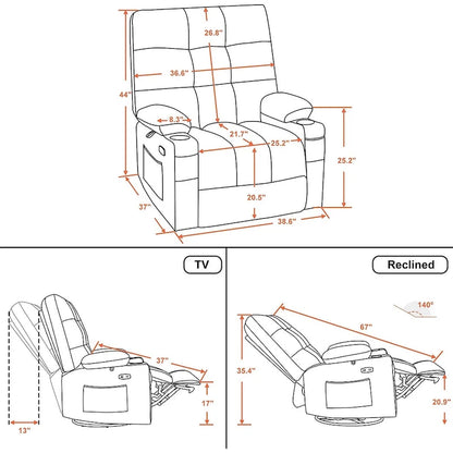 Grand fauteuil inclinable, pivotant, berçant et coulissant avec massage et chaleur – Similicuir