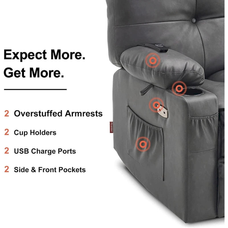 Grand fauteuil inclinable, pivotant, berçant et coulissant avec massage et chaleur – Similicuir